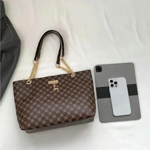 ⚠️Clearance Brown Patterned Large Tote Shoulder Bag Gold Pendant - Picture 4 of 11